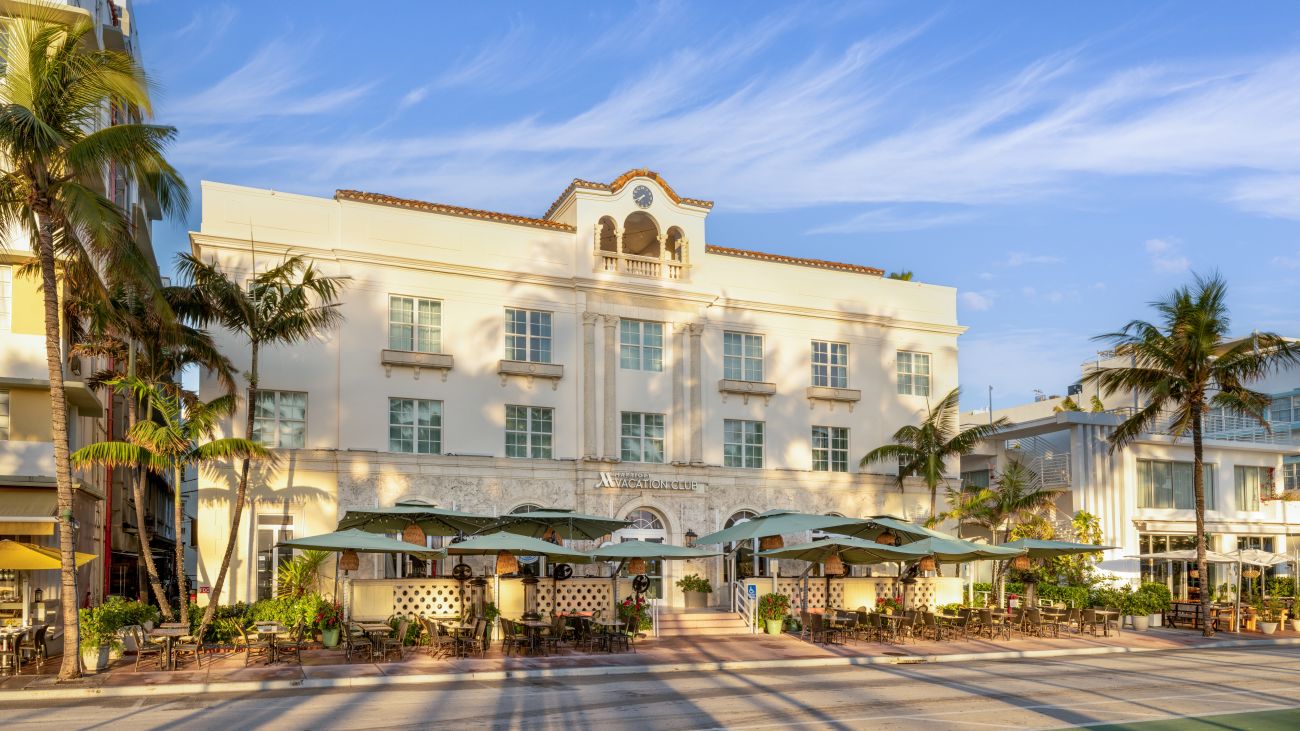 Exterior of Marriott Vacation Club resort timeshare in South Beach along Ocean Drive
